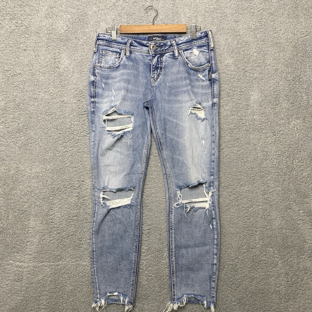 Silver Jeans Sam Boyfriend Women 26x27 Blue Denim Mid Rise Distressed Grunge
